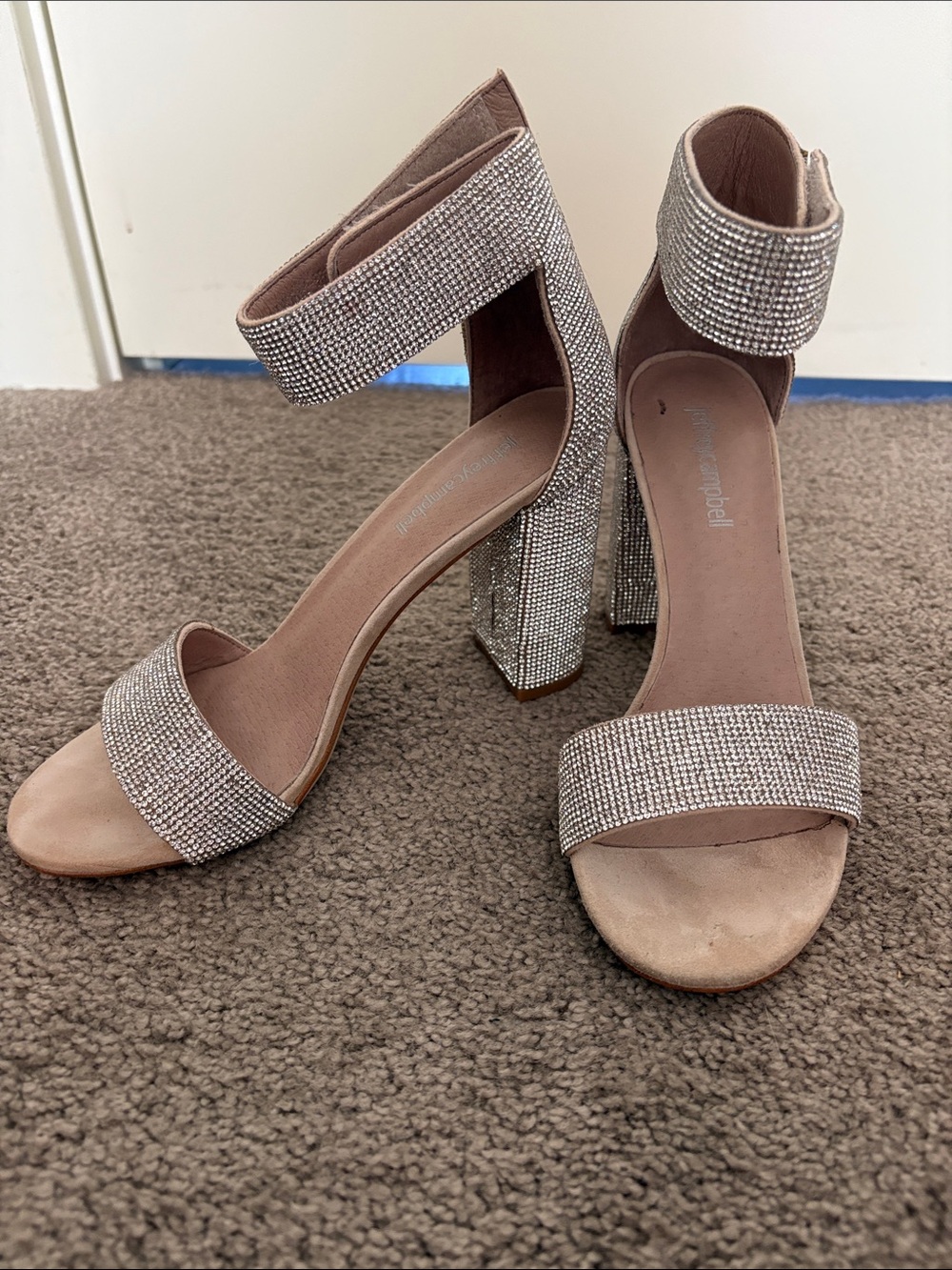 Jeffery Campbell Lindsay Ankle-Strap Rhinestone Block Heel Sandal/nude suede